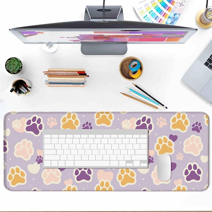 Cute Cat Paw Pattern Desk Mat, Large Gaming Mouse Pad, Computer Keyboard Laptop Girl Mousepad for Work, Game, Office and Home, XL, Purple