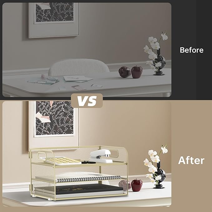 Supeasy 3 Tier Paper Organizer with Handle, Mesh Desk Organizer Letter Tray, Paper Tray File Organizer for A4 File Folder, Yellow