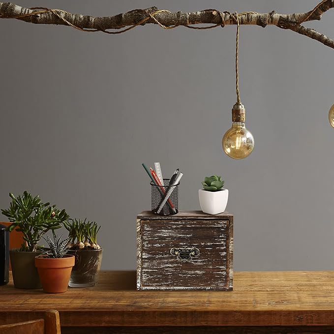 Office Desk Organizer with Drawers Dark Brown Vintage Square Wood Desktop Storage Box Workspace School Supplies Farmhouse Kitchen Countertop Makeup Storage bins for Home Toiletries Supplies Vanity……