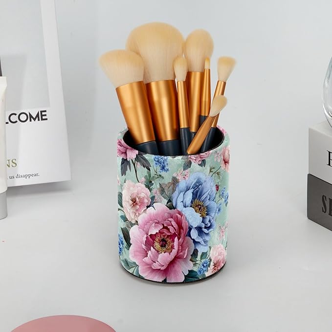 Leather Pen Holder for Desk Classical Vintage Floral Pencil Cup Desktop Organizer Makeup Brush Holders Office Supplies for Home, Kids & School