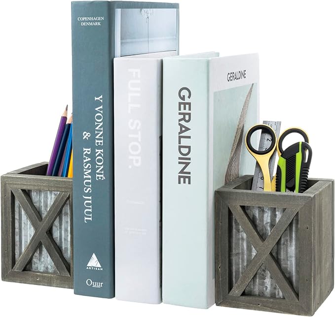 MyGift Vintage Gray Wood Decorative Bookends with Corrugated Galvanized Metal Accent, Desktop Book Ends with Pen Holder Pencil Cup Stationery Storage Bins for Home Office, Classroom, Dorm Room, 1 Pair
