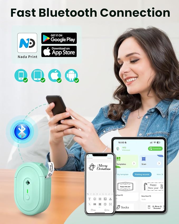 Label Maker Machine with Tape, Portable Bluetooth Label Makers, Inkless Mini Printer Impresora de Etiquetas Multiple Templates for Home School Office Kitchen, Green