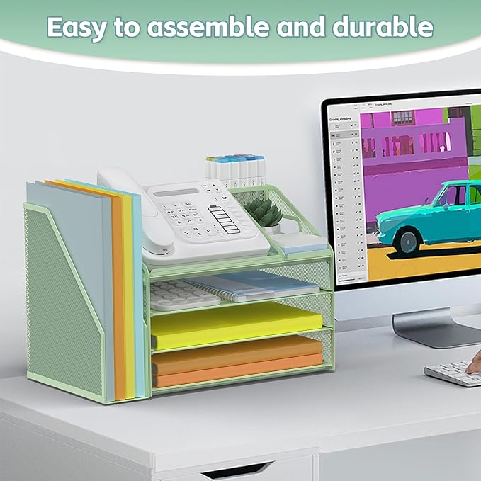 DocNest 4 Tier Paper Letter Tray File Organizer, Mesh Desk File with Handle, Workspace Desk Organizers with Pen Holder, Office Organization Storage Accessories - Green