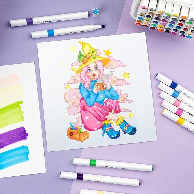 Ohuhu Markers: 48-Color Double Tipped Brush & Chisel Alcohol Markers for Adults Coloring Illustration, Alcohol-based Art Marker Set with Unique Designed Grip, Great Value Pack for Beginners