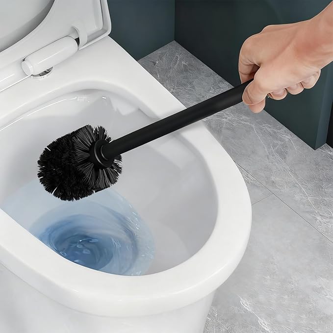 Haocoott Toilet Brush and Holder Set, 2 PCS Decorative Toilet Bowl Brush and Holder Set Bathroom Aceessories Toilet Scrubber Brush Set with Heavy-Weight Resin Base with Long Handle (Black)