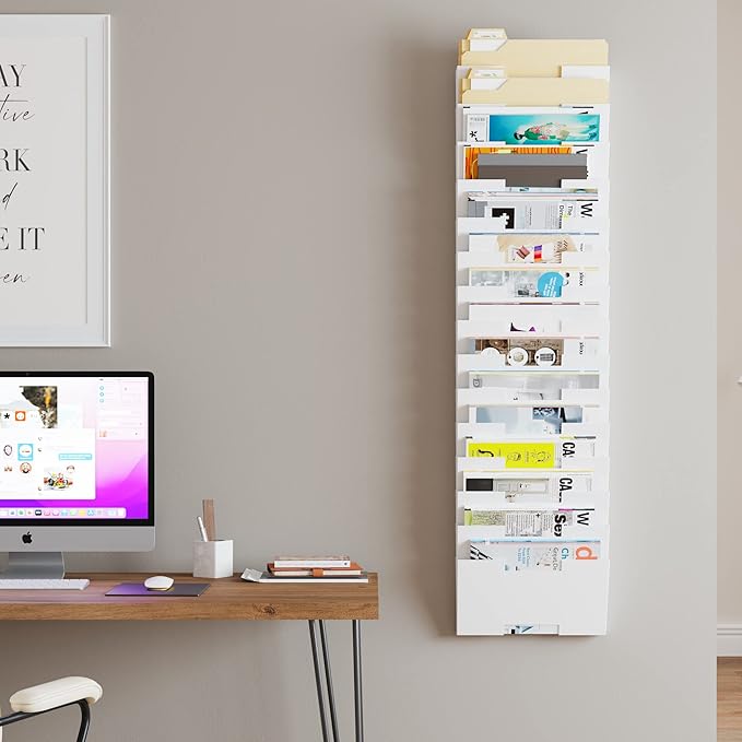 Wallniture Lisbon 15-Tier Wall Mounted File Holder and Desk Organizer, Metal White Office Organization and Storage Rack