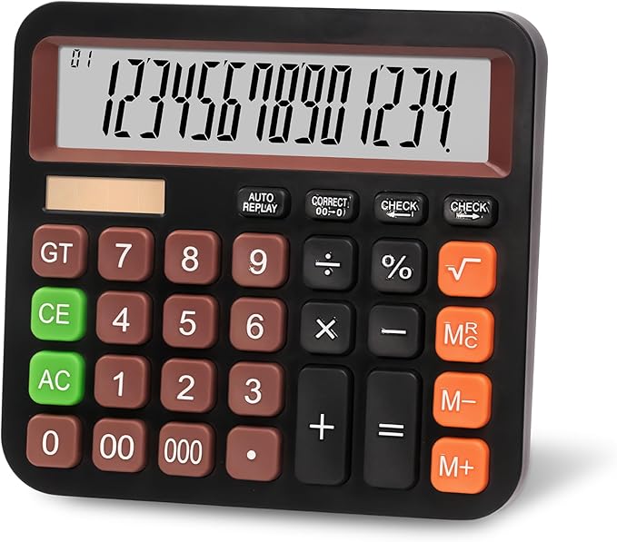 Standard Desktop Calculator, Dual Power (Solar & AA Battery), 14-Digit Large Display, Multifunctional Office Calculator (Black)