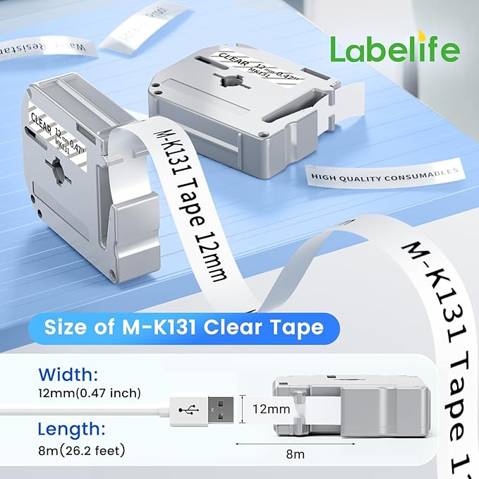Labelife M-K131 Label Tape Clear Compatible with Brother P Touch M Tape Clear 12mm 0.47'' M-K131s M131 MK131 Work with Brother PT-M95 PT-65 PT-45 PT-90 PT70BM Label Maker Refills, 4-Pack