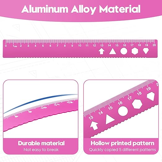 MSDADA Triangle Ruler, Protractor, Square and Ruler Set, 4 Pieces Aluminum Alloy, Metal Drafting Kit, Geometric Protractor for Student, School, Home, Office (Pink, 20cm/7.87inch)