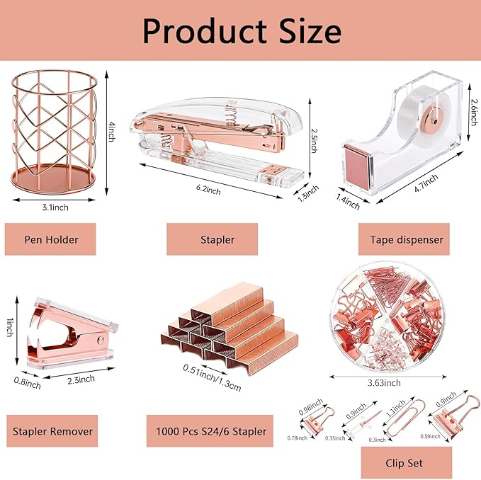 Office Supplies,Desk Accessories,with Stapler,Tape Dispenser,Pen Holder Cup for Desk,Staple Remover,Scissor,Ballpoint Pen,Clear Tape, Staples,Phone Stand,Ruler,Binder,Best Gift Set(Rose Gold)