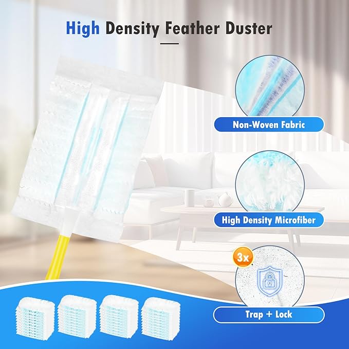 50 Count 180° Multi-Surface Feather Duster Refills Compatible with Swiffer Handle, Heavy Duty Duster Replacement with 1 Handle