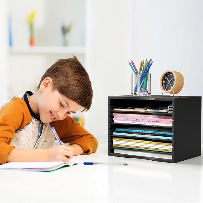 Bamjoy Wood 5 Tier Desktop Organizer, Paper Organizer Mail Sorter, File Holder Letter Document Storage with Adjustable Shelves for School Home Office, Black