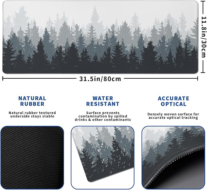 Tree Mouse Pad Abstract White Mouse Pad 31.5x11.8 Inch Texture Non-Slip Rubber Base Large Mousepad Stitched Edges Keyboard Mouse Mat Desk Pad for Office and Home