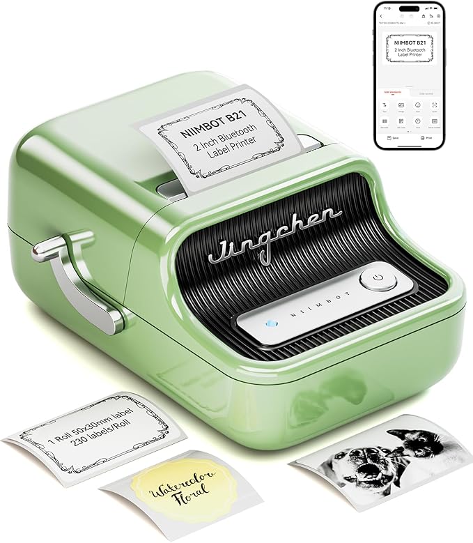 NIIMBOT B21 Label Maker Inkless Bluetooth Label Printer, 2 Inch Portable Thermal Sticker Machine for Small Business, Address, Logo, Clothing, Mailing, Candles, Jewelry, Sticker Printer for Gift, Green