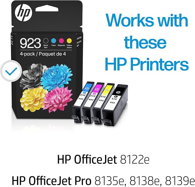 HP 923 Black, Cyan, Magenta, Yellow Ink Cartridges Printers | Works with Printer Series: OfficeJet 8120, OfficeJet Pro 8130 | Eligible for Instant Ink | 6C3Y6LN