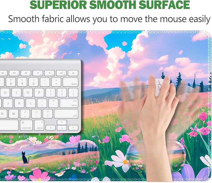 ARTSO Keyboard Wrist Rest Large Mouse Pad Wrist Support, 4 in 1 Memory Foam Keyboard Pad Desk Mat Set, Ergonomic Wrist Rest Cushion for Home Office Gaming-Cat and Flower Sea