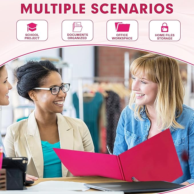 Two Pocket Folders, RAZCC 75 Pack Two Pocket Folders with Prongs, 3 Prong Folders Fit Letter Size Paper, Pocket File Folders for School Office Home Business, Magenta