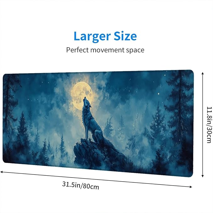 Moon Wolf Gaming Mouse Pad Desk Pad Wolf Howling Nature Wild Animal Woodland Mousepad XL Large Gaming Mouse Pad Laptop Keyboard Mat Desk Pad Office Home Decor for Women Girl 31.5"x11.8"