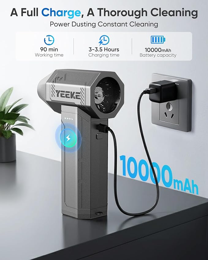 Yeeke Compressed Air Duster, 300000 RPM & 400 G Wind Pressure, 10000 mAh Battery with Fast Charging, 4-Gear Electric Air Duster Rechargeable, Electric Duster Mini Blower with LED Light for Cleaning