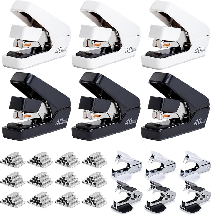 Deli Stapler, Effortless Staplers for Desk, 40 Sheet Capacity Heavy Duty, One Touch, No Effort, Easy to Load, with 2000 Staples & Staple Remover, 6 Pack, Black&White