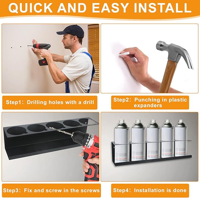 Aerosol Spray Can Holder Rack 4 Packs, Spray Bottle Organizer Wall Mounted Heavy-Duty Steel Paint Bottle Storage Rack for Garage and Workspace
