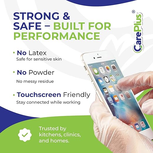 CARE PLUS Vinyl Gloves Clear Extra Large Size 100 Count | Heavy Duty, Non-Sterile, Powder-Free, Latex-Free Rubber | Food Prep, Kitchen & Cleaning Gloves, Ideal for Professional Use