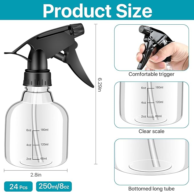 24 Pcs Small Spray Bottles 8 oz, Mini Spray Bottles Refillable with Adjustable Nozzle, for Cleaning Solutions, Hair, Plants, Kitchen, Bathroom & Home Use