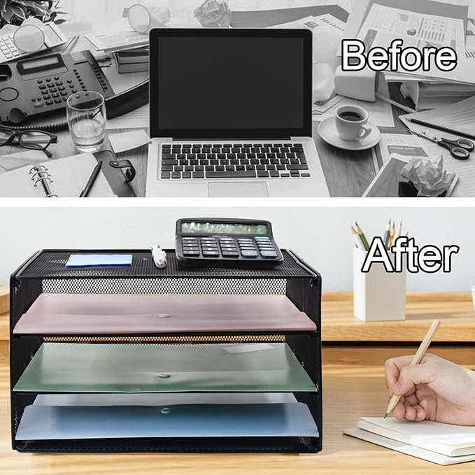 VANRA 3 Tier Letter Tray Paper Organizer Metal Mesh Desktop Document File Organizer with Sliding Tray for Office and Study