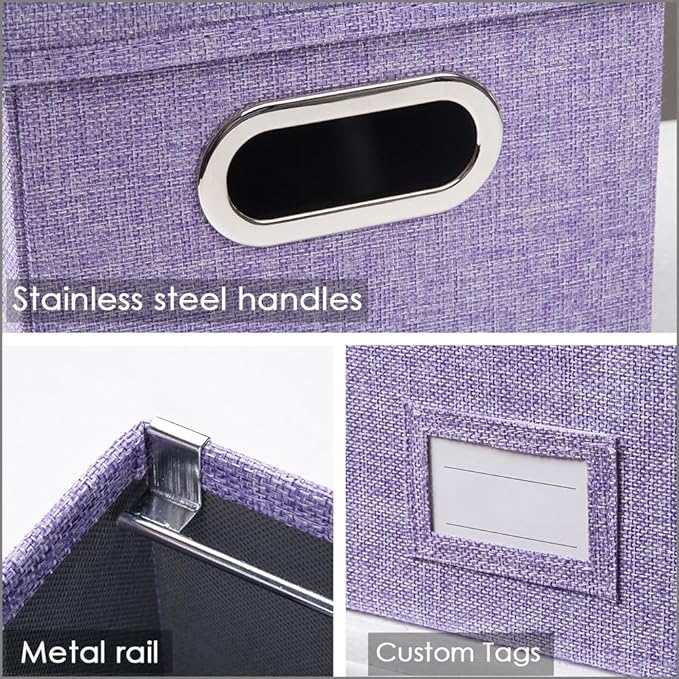 PRANDOM File Organizer Box - Set of 4 Collapsible Decorative Linen Filing Storage Hanging File Folders with Lids Office Cabinet Letter/Legal Size Purple 17.1x14x11.1 inch