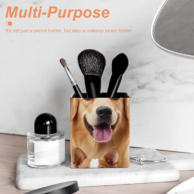 Pen Holder Square Leather Pencil, Holder Cup Makeup Brush Storage Organizer, Waterproof Multifunctional Office Supplies Cute Dogs