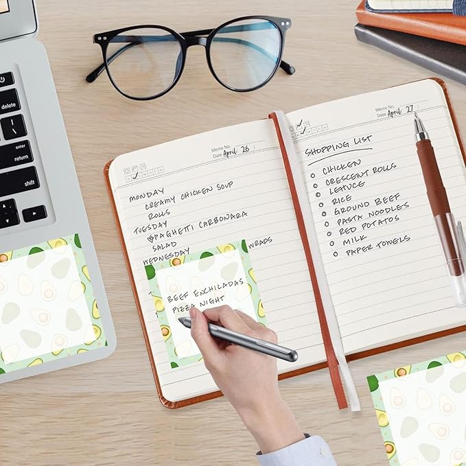 Sticky Notes, 2 Pads, 3x3 inches, Cute Colorful Fun Self-Stick Note Pads, Easy Post, Strong Adhesive Notepad Avocado Pattern Cute