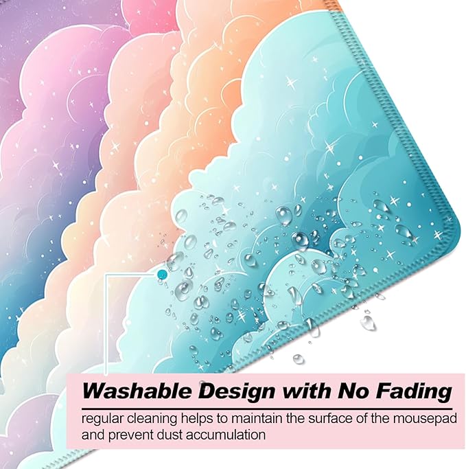 Dreamy Colorful Cloud and Star Gaming Desk Mat, Computer Keyboard Large Extended Long Girly Mouse Pad for Office and Home, XL (W08)