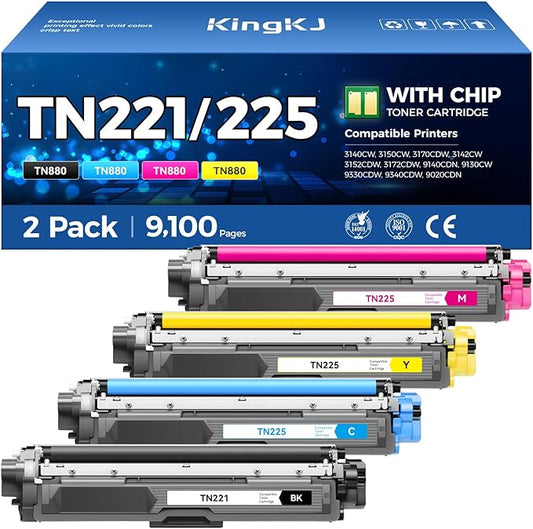 TN221 TN225 Toner Cartridge 4-Pack Black Cyan Yellow Magent Replacement for Brother TN-221 TN-225 to Use with MFC-9130CW HL-3170CDW MFC-9340CDW HL-3140CW 3150CW MFC-9330CDW 9140CDN DCP-9020CDN Printer