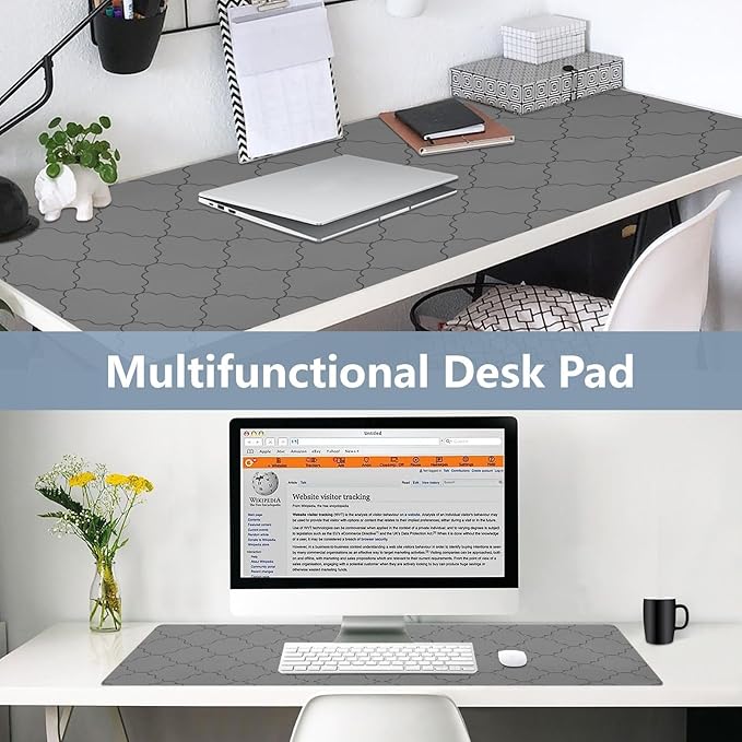 Mouse Pad Desk Mat Leather Desk Pad Large Gaming Desk Cover Protector Mat for Keyboard Computer Laptop Office Waterproof 47.2 x 23.6 Inch Monochrome Geometric Quatrefoil Grey
