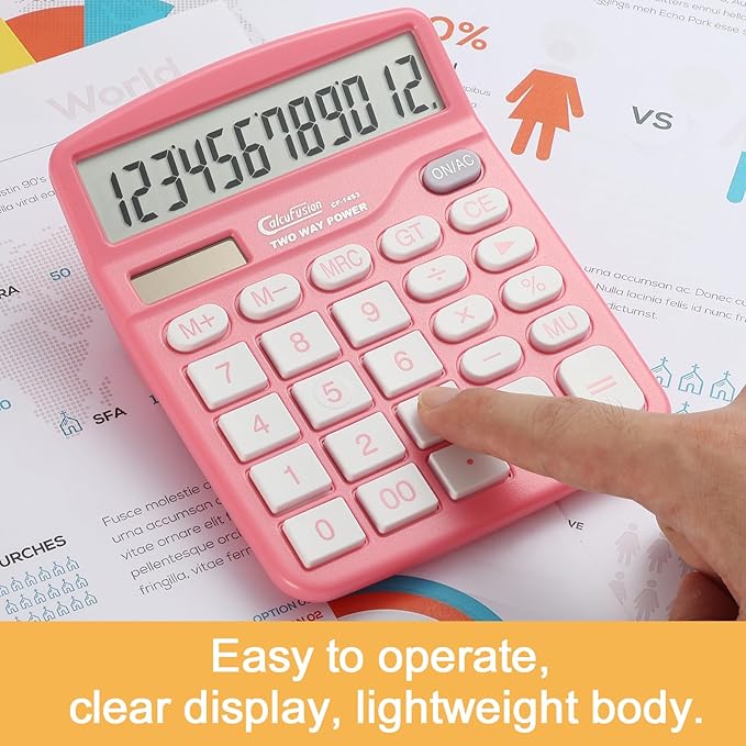 Calculator, 12 Digits Pink Desktop Calculators Large Display LCD&Big Button Dual Solar and Battery Powered Standard Functions Basic Calculator for School Office CF-1453