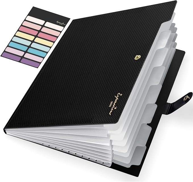 Sooez Accordion File Organizer, 8 Pocket Expanding File Folder with Labels, Letter Size Folders for Documents, Portable Paper Bill Receipt Organizer for Home School Office Supplies, Black