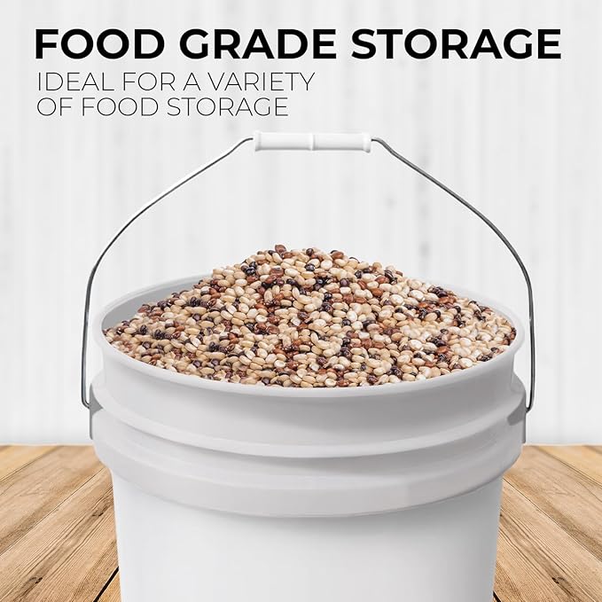 5-Gallon White Bucket Pail with Gamma Seal Screw on Airtight Lid, Heavy-Duty 90MIL Extra Durable, Food Grade, Metal Handles with Plastic Grip for Easy Carrying, Easy Stack & Store, BPA Free - 1 Pack