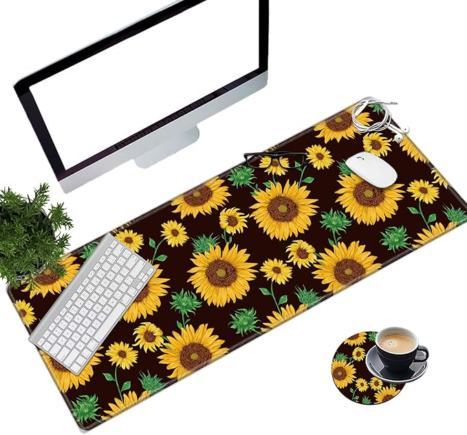 Large Gaming Mouse Pad with Stitched Edges, Desk Pad Protector, Computer Keyboard Mouse Mat Non-Slip Cute Desk Decor for Home/Office/Study Accessories+ Coaster, Sunflower Yellow