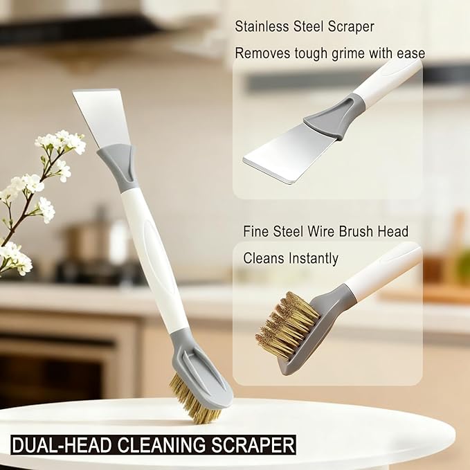 Xaspac 2-Piece Set Handheld Dish Brush with Brass Scrubber and Steel Scraper for Stubborn Grease - Dual-Head Cleaner for Pots, Pans, Stovetop, Sink