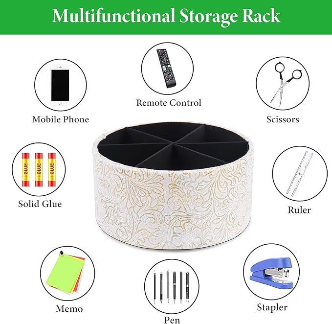 lizimandu Remote Control Holder, 360°Spinning PU Leather Desk TV Remote Caddy,Desk Storage Box Room Accessories for Controller, Media,Mail,Calculator, Mobile Phone,Pencil(1B-Carved White Gold)