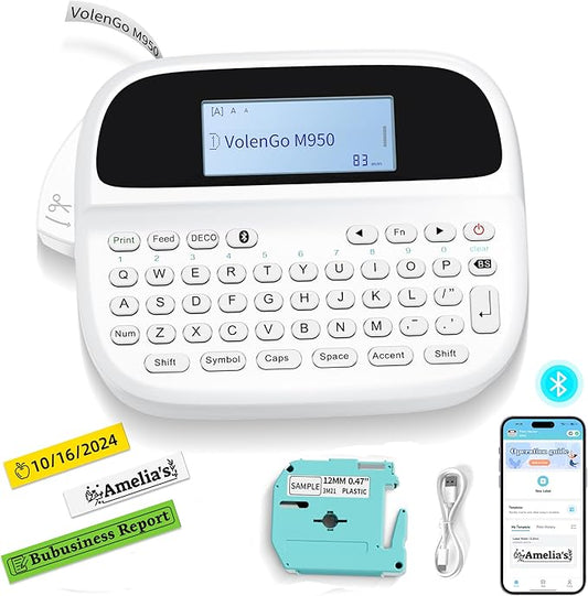 M950 Label Maker, Rechargeable Backlit Labeler Machine with Tapes 12mm 0.47 White for Office Home School, Bluetooth Handheld Label Printer Replacement for Brother Ptouch Label Maker Machine