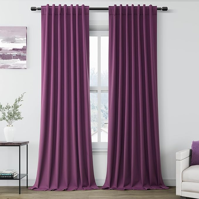 100% Blackout Linen Curtains 102 Inches Long 2 Panels Set for Bedroom Purple Back Tab Black Out Curtain Modern Urban Noise Cancelling Total Light Blocking Window Curtains 102 Length 52X102 Inches