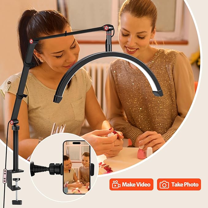 Professional LED Desk Lamp, Half Moon Light for Desk with Clip&Phone Holder, Esthetician Light with Adjustable 10-Level Dimming & 3 Color for Work,Office,Makeup,Nail Salon,Tattoo,Craft (Black)