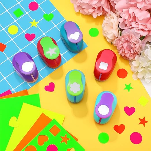 36 Pcs Craft Hole Punch Shapes with Colorful Craft Sticker Paper Punch 1 Inch Paper Punchers Scrapbook Punches with Sticker, Flower, Round, Star, Square, Heart, Wave Circle Shape
