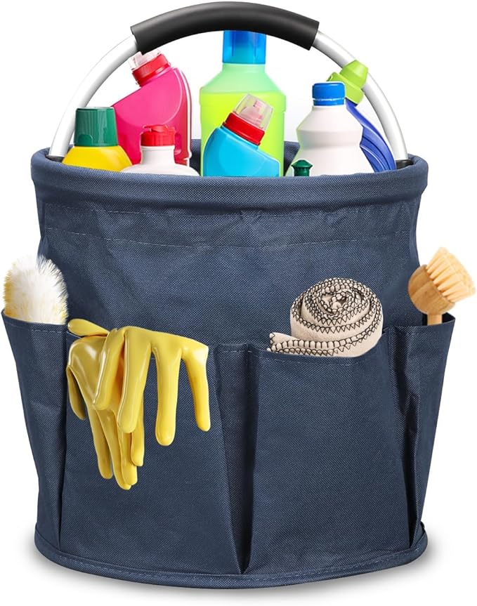 17L Foldable Cleaning Caddy with Handle - Portable Duty Tool Bag Cleaning Supply Organizer, Multi-Compartment Cleaning Bucket Storage Basket for Home Kitchen Bathroom (Blue)
