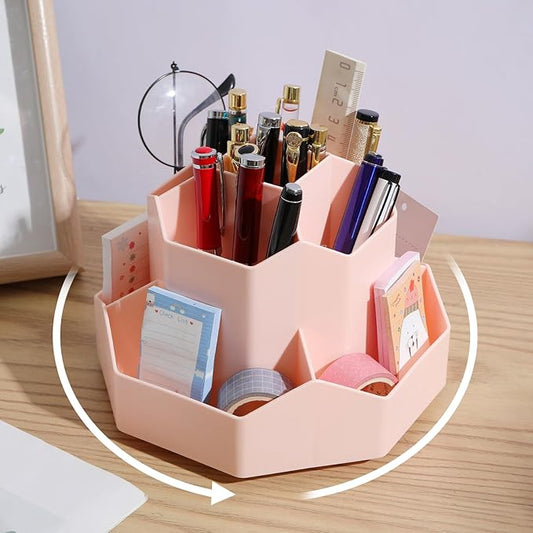 INSTOME Desktop Organizer with Pencil Holders,360°Rotating Pen Holder for Desk Organizer,9 Compartments and Makeup Brush Holders,Multifunctional Office Supplies for Home,Teachers and School (Pink)