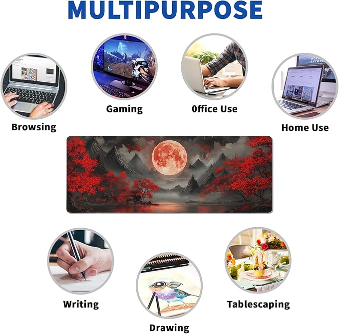 Darkness Red Moon Mouse Pad Abstract Red Mouse Pad 31.5x11.8 Inch Texture Non-Slip Rubber Base Large Mousepad Stitched Edges Keyboard Mouse Mat Desk Pad for Office and Home