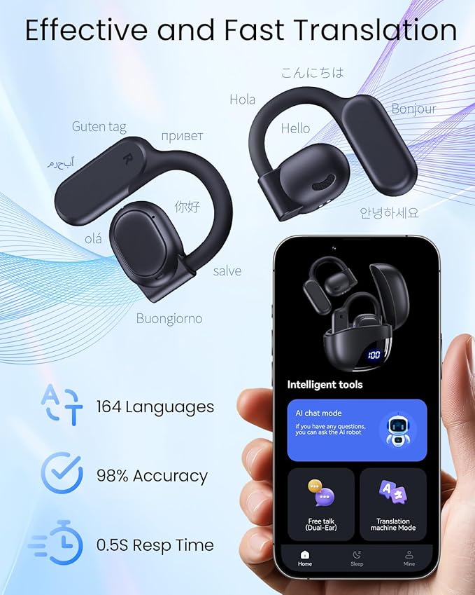AI Translation Earbuds Real Time 164 Languages 80H Playtime Translator Ear Buds Audifonos Traductores Inglés Español Wireless Earphones Bluetooth Headphones for Travel Business Meeting Learning Black
