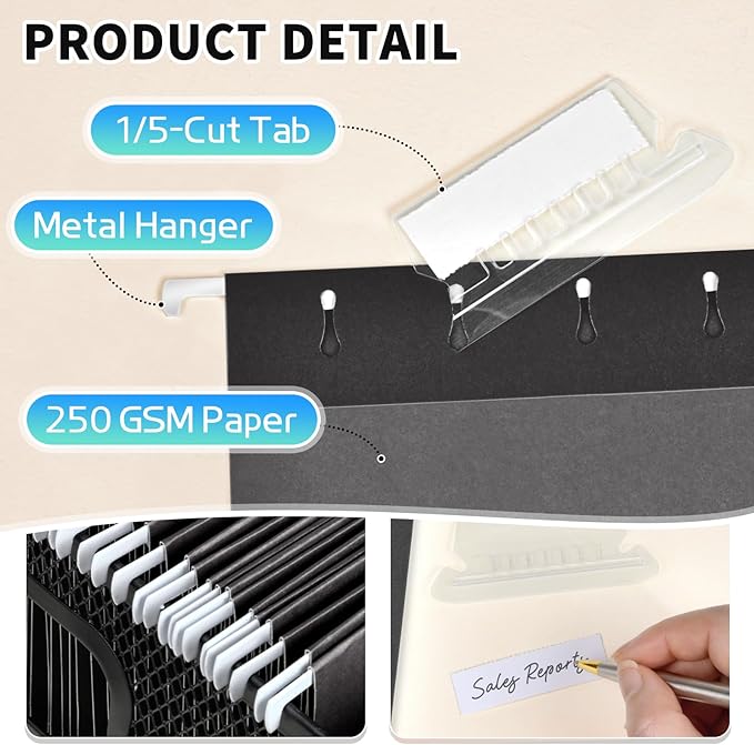 25-Pack Black Hanging File Folders, Letter Size (8.5" x 11Inch), Includes 35 Transparent Label Cards & 50 Sticker Labels,1/5-Cut Tabs for Home & Office Organization