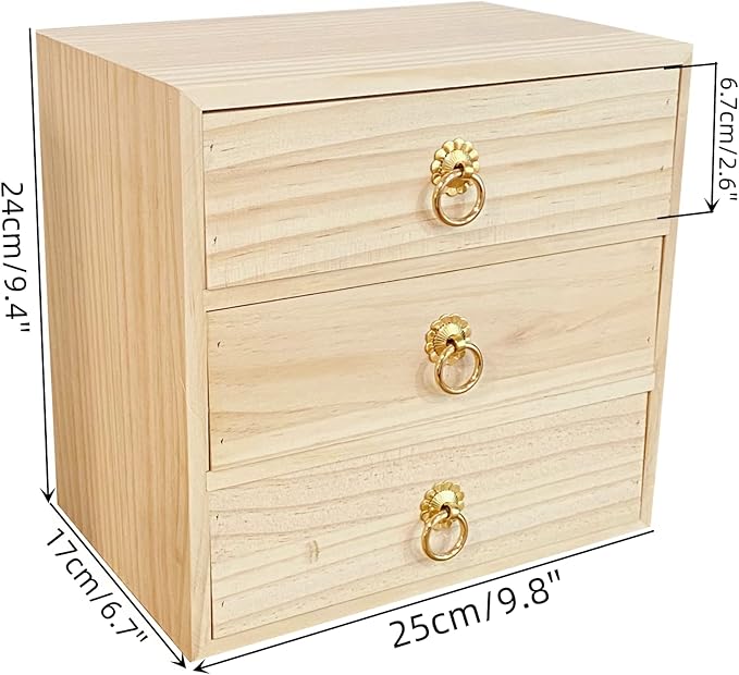 3 Layer Natural Wooden Storage Box with Drawers Desk Organizer Desk Accessories 3 Drawer Storage Organizer Wood Tabletop Organizer with Metal Handle for Home Office Counter Craft Decor